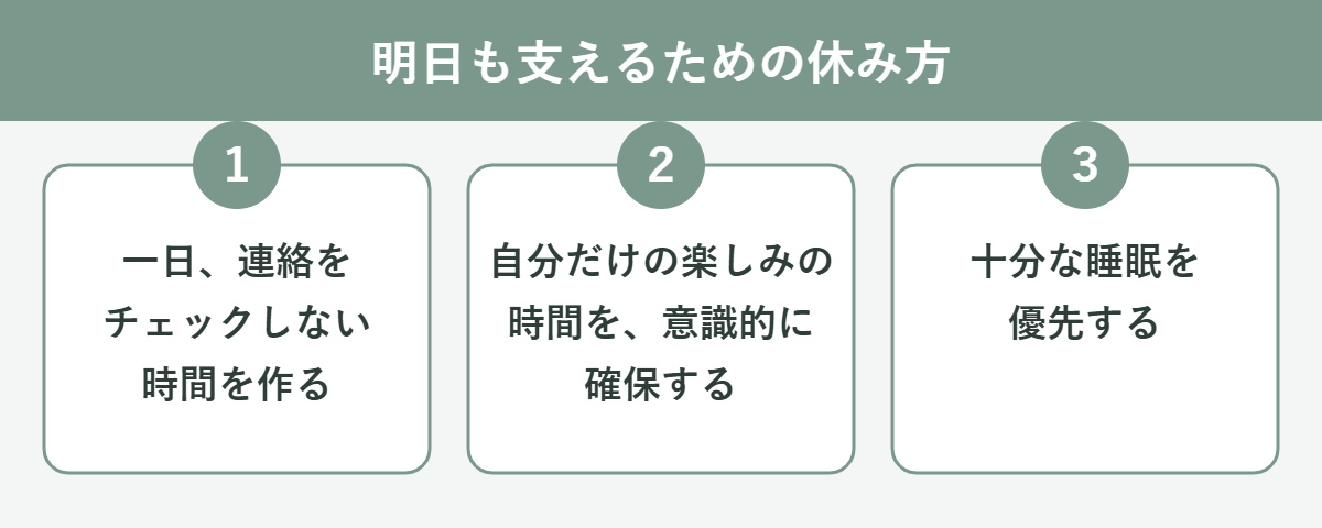 明日も支えるための休み方:連絡をチェックしない時間を作る、自分だけの楽しみの時間を確保する、十分な睡眠を優先する
